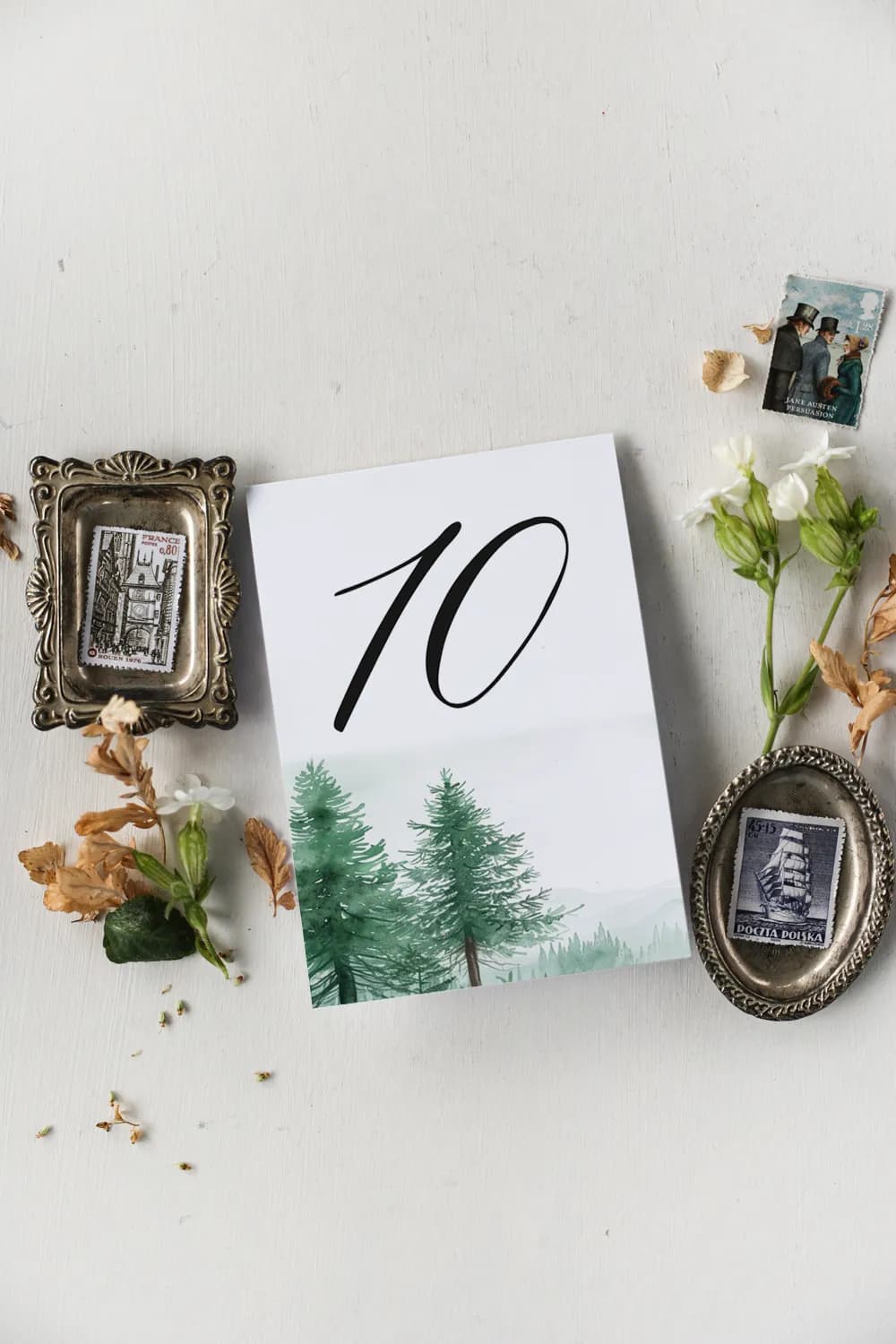 Número de mesa de boda con paisaje de árboles en acuarela Impresja nº 8