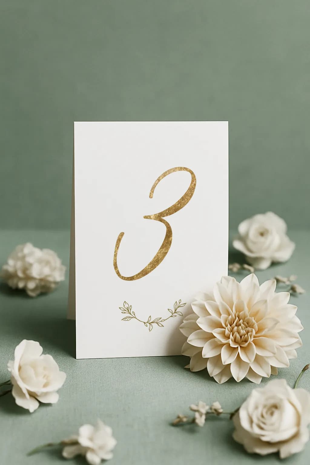 Decoración de mesa de boda con número estilo glamour, cifra dorada y hojas sobre fondo color salvia.