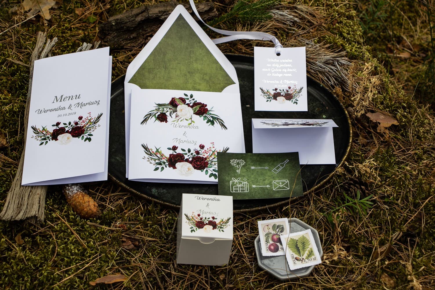 Silver Foiled Winter Wedding Invitation Samples | Burgundy Peony Set | Orini No. 3