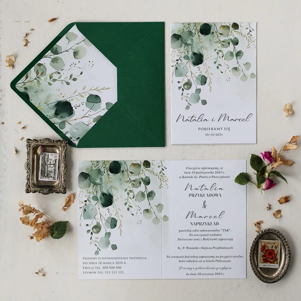 Set cartoleria con motivo vegetale Impresja n. 7 Partecipazioni nuziali greenery Impresja n. 7 eucalipto Amelia Wedding