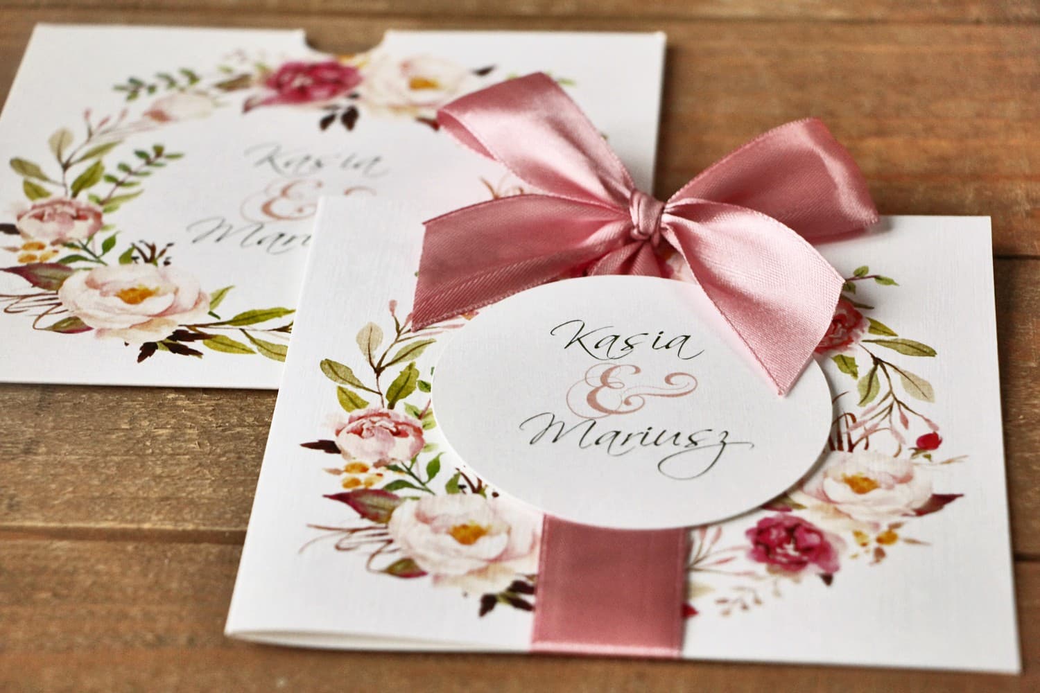 Peony Wedding Invitation in a Pocket with Satin Bow – Painted Flowers No. 28