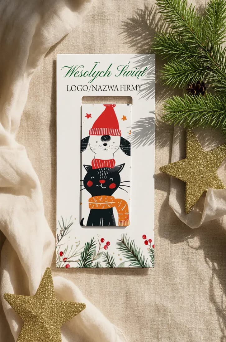 Corporate Christmas gift – magnetic bookmark against a backdrop of festive decorations