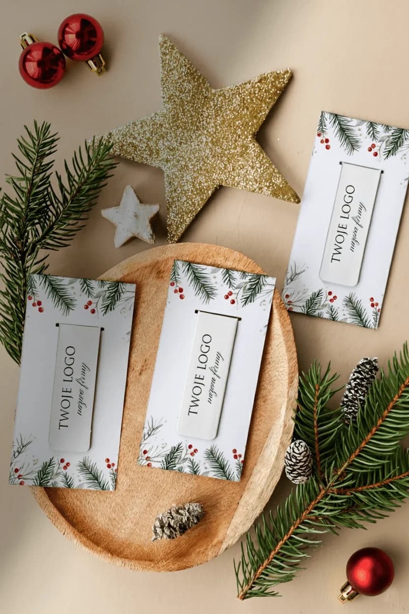 Festive composition with corporate magnetic bookmarks with logo, arranged on a wooden tray with Christmas decorations.