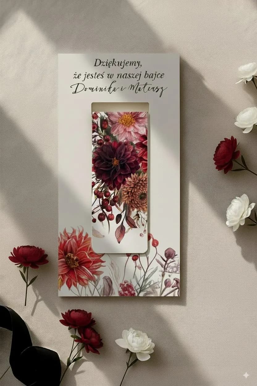 Personalisiertes Lesezeichen mit Dahlie in Burgund | Exklusives Gastgeschenk mit herbstlichem Blumenmotiv | Impresja Nr. 6