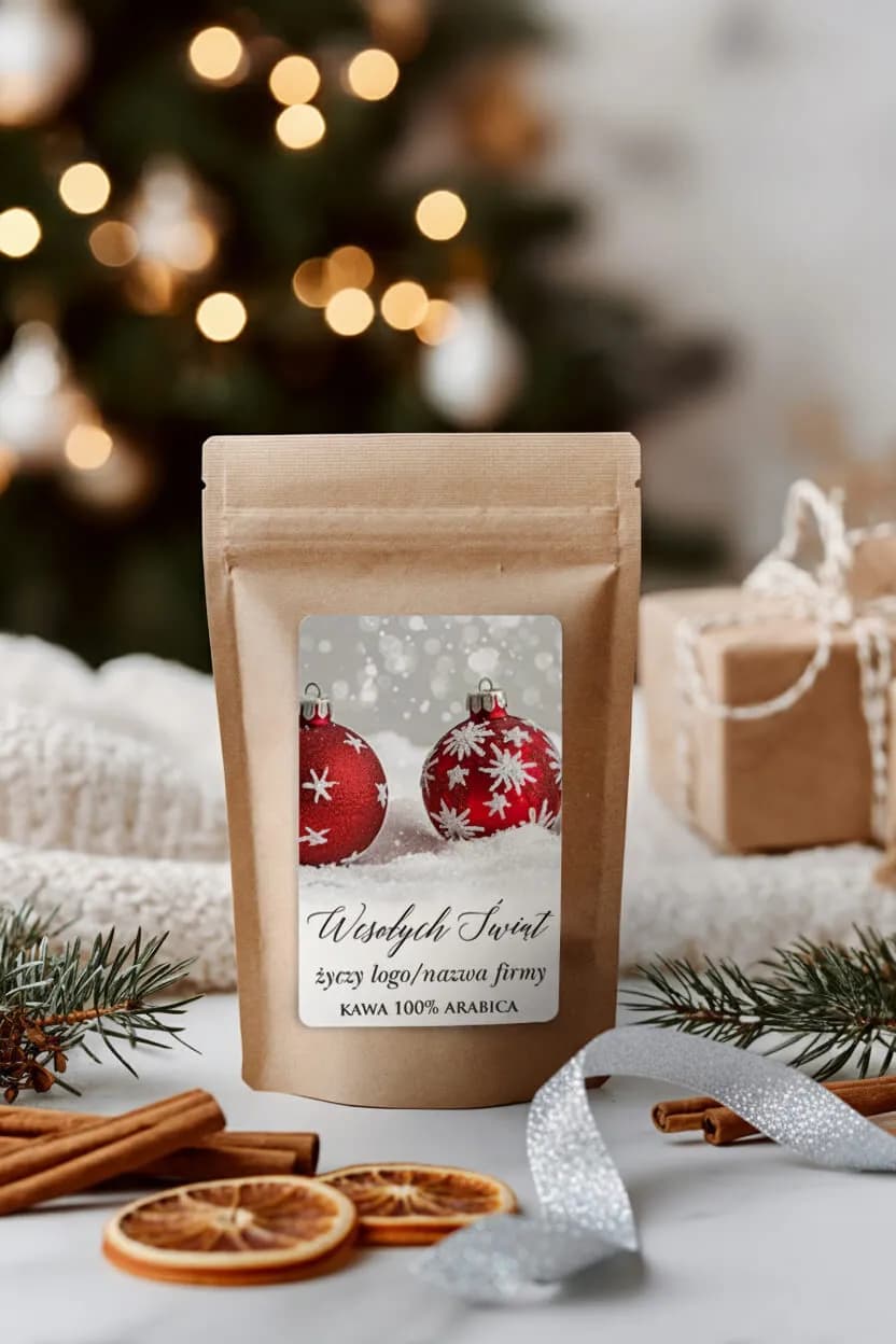 Christmas business gift - 100% Arabica coffee with a label featuring Merry Christmas wishes and space for a company logo.