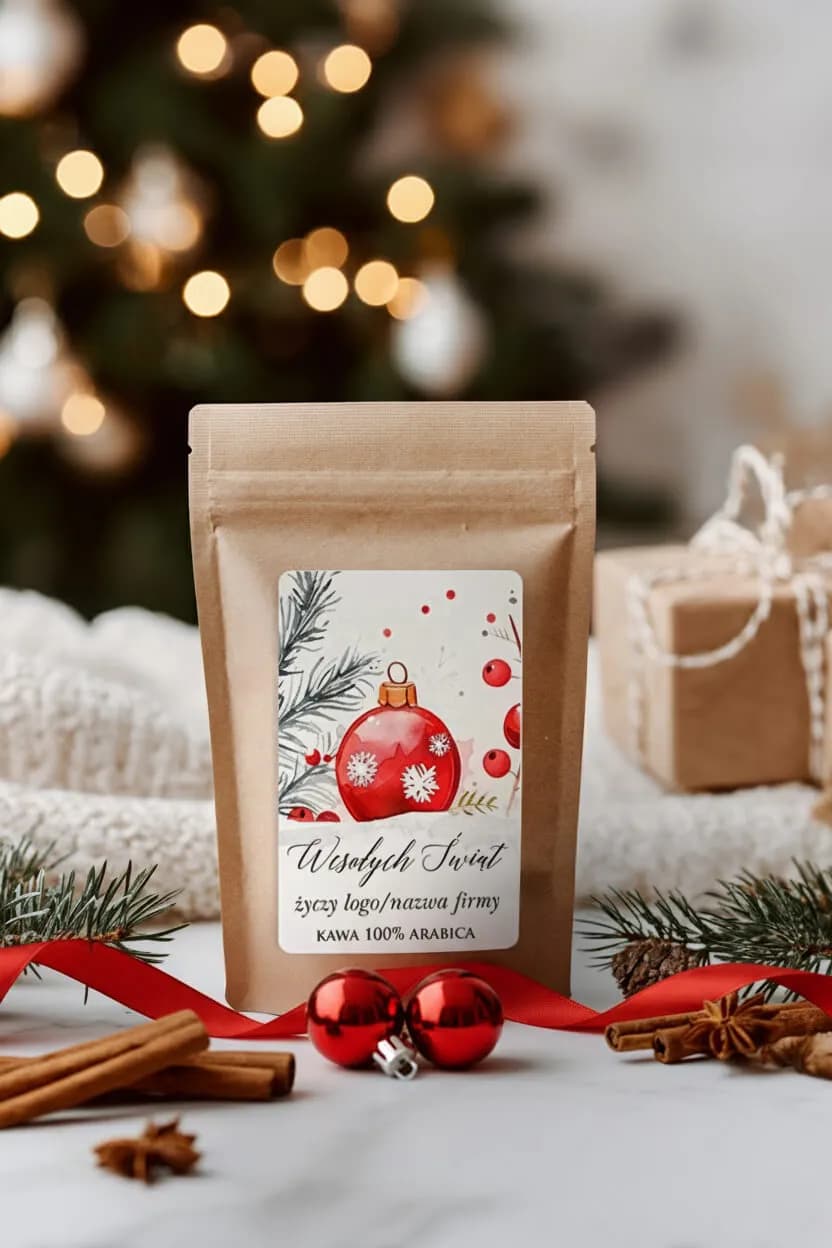 Personalized Christmas coffee in an eco-friendly pouch with a label featuring a red bauble and fir branches.