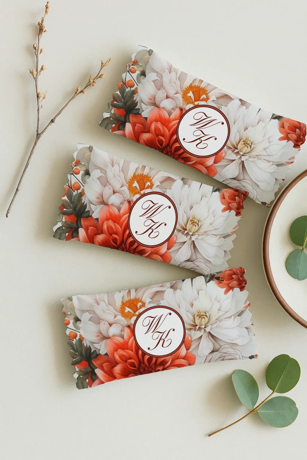 Personalized Autumn Wedding Fudge - Rust and White Dahlias Boho Style | Impresja No. 16