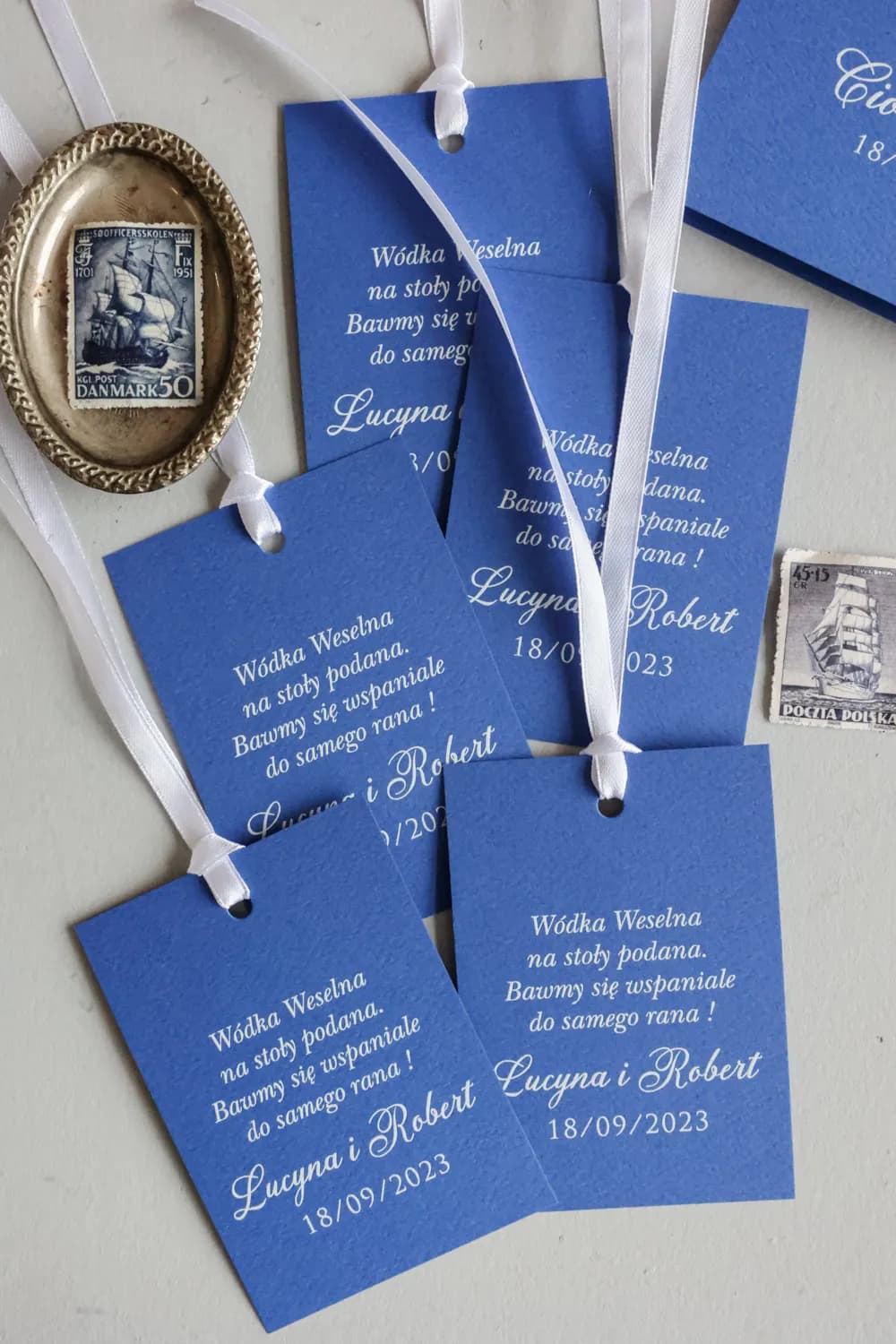 Blue Personalized Vodka Tags | Elegant Wedding Alcohol Labels | Kraft No. 7