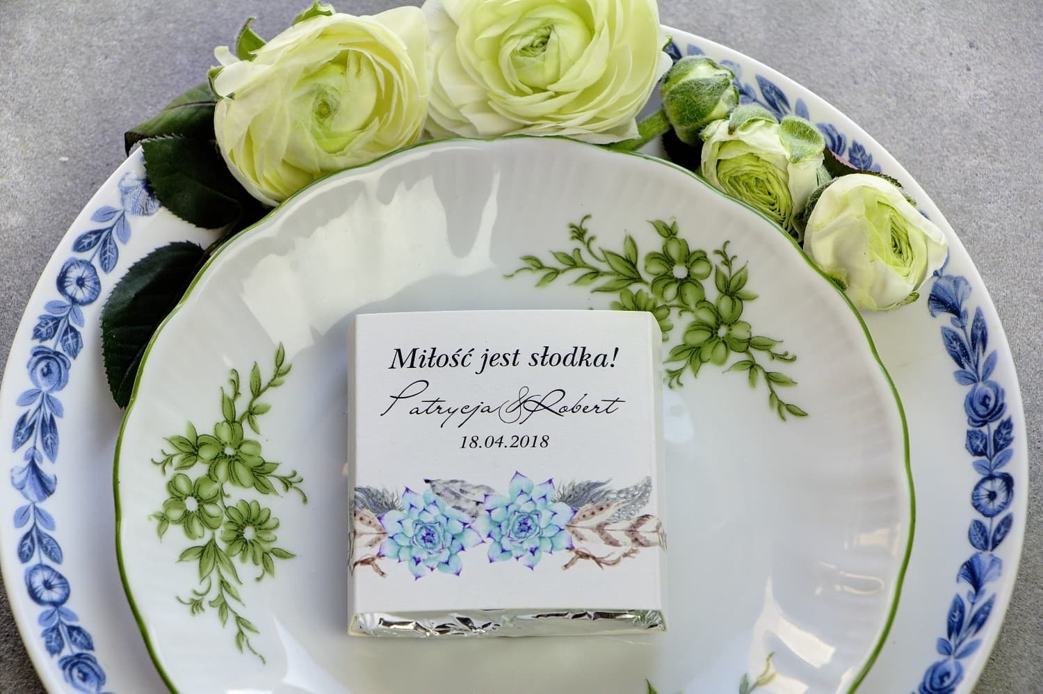 Personalized Chocolates with Blue Succulents | Sweet Boho Wedding Favours | Pistachio No. 21