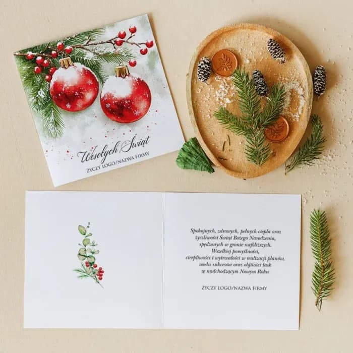 Elegant Christmas Cards with Baubles, Personalized | Corporate Cards with Logo | Red Baubles KZ10