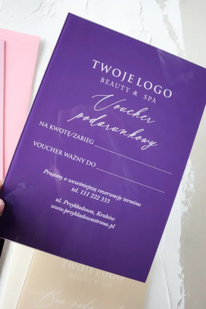 Exclusive glass gift voucher with sophisticated graphics and purple color scheme, model VS4.