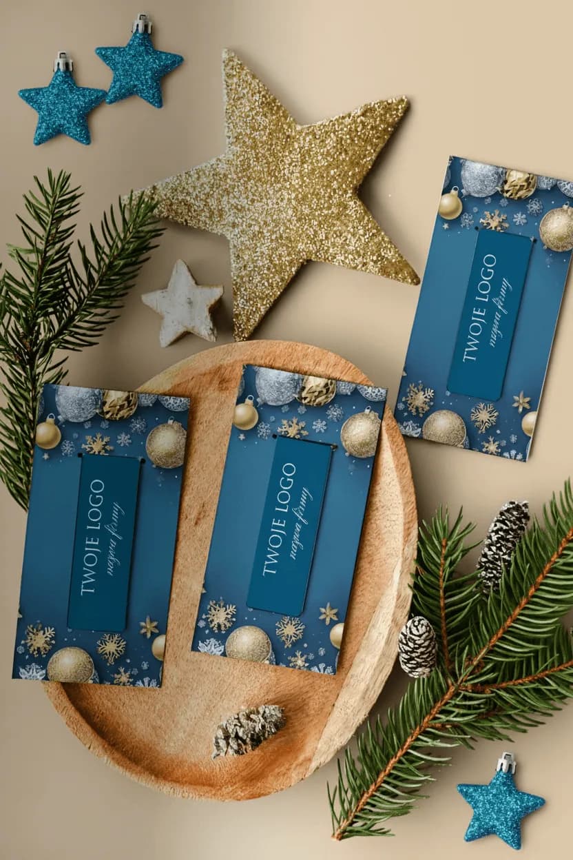 Business holiday gift – navy blue bookmark with company logo, surrounded by Christmas decorations.