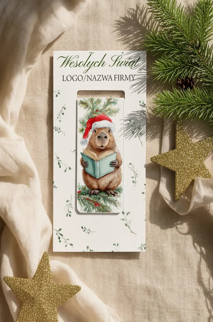 Corporate Christmas gift - magnetic bookmark featuring a watercolor capybara in a Santa hat