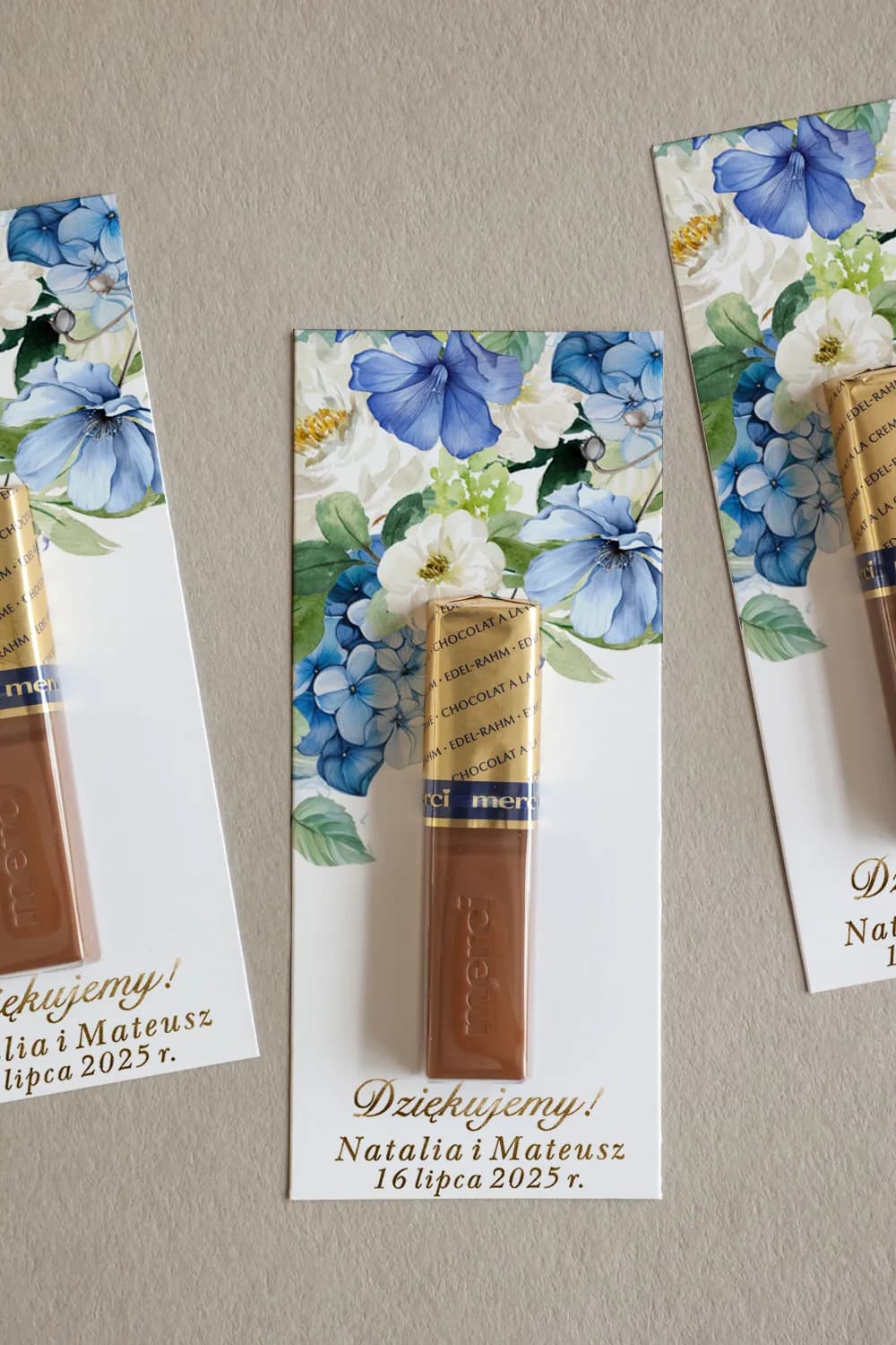 Gold Foiled Merci Wedding Favours Blue Flowers | Rubin No. 13