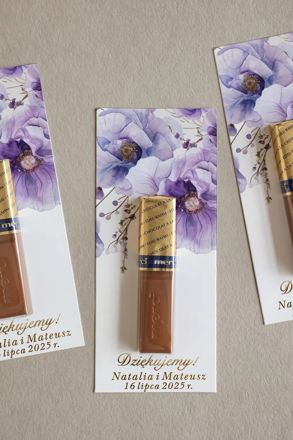 Gold Foiled Merci Wedding Favours Purple Flowers | Rubin No. 15