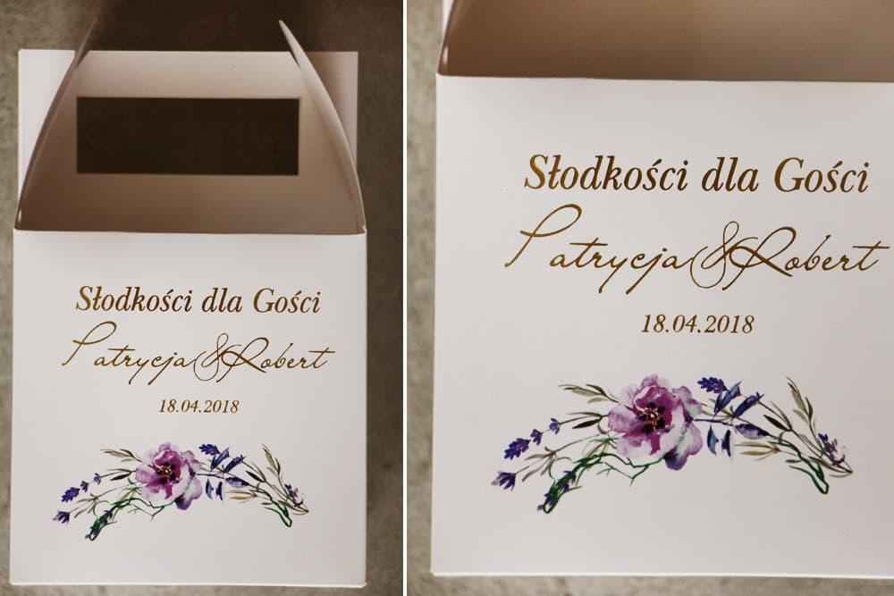 Personalized Wedding Cake Box with Handle – Purple Flowers Cykade No. 9