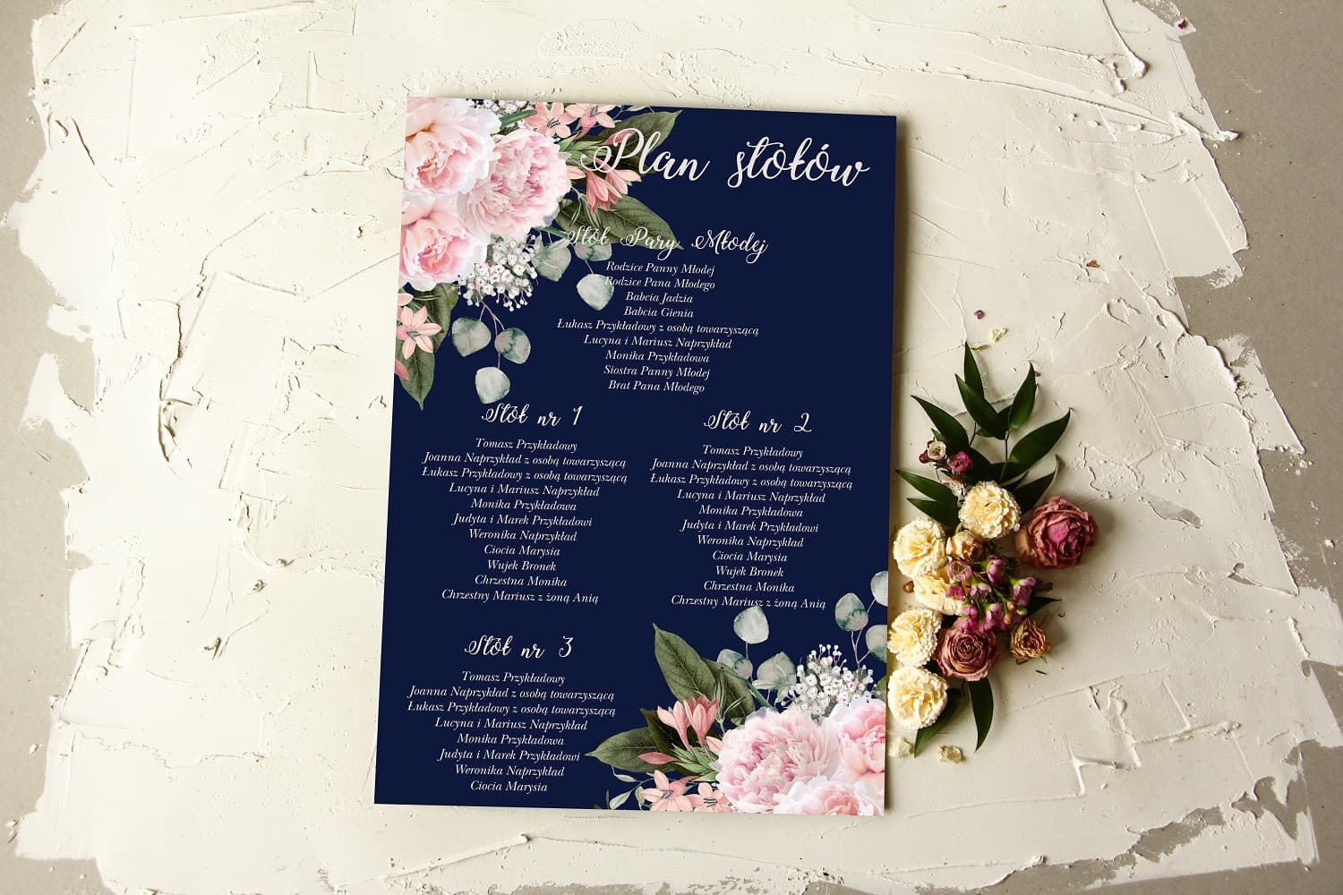 Piano Tavoli Matrimoniale Glamour Blu Navy con Peonie | Lavagna Disposizione Ospiti | Pastello n. 3