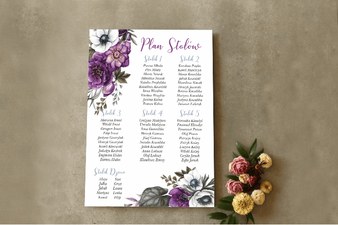 Piano Tavoli con Anemoni Viola, Schema Ospiti | Piano Tavoli Nuziali Plakat | Cykade n. 1