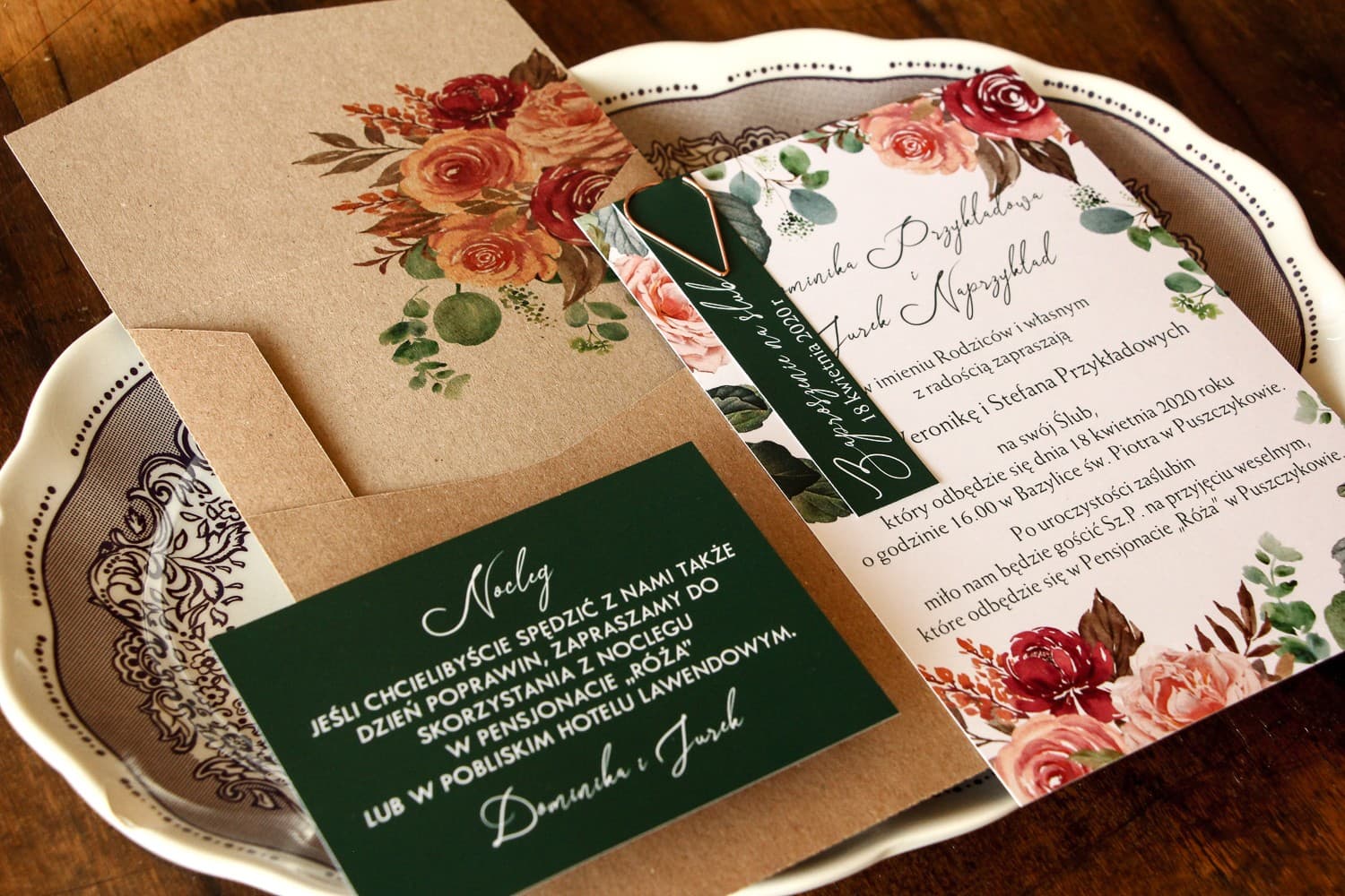 Glamour Wedding Invitation with Pink Roses and Rose Gold Clip – Delize No. 3