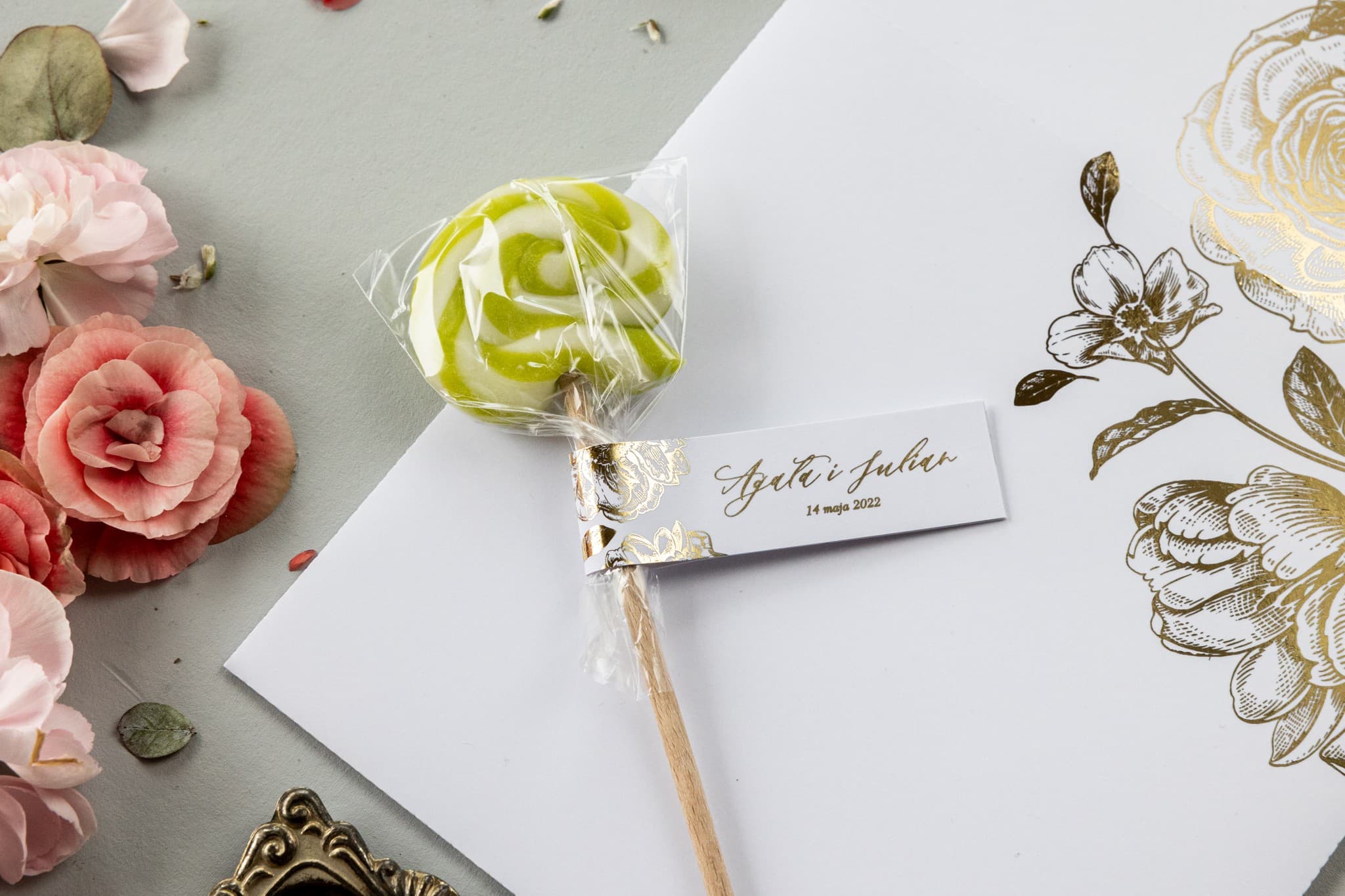 Piruletas artesanales con gráfico de peonía | Detalles para Invitados de Boda, Regalos Nupciales | Onyks nr 3