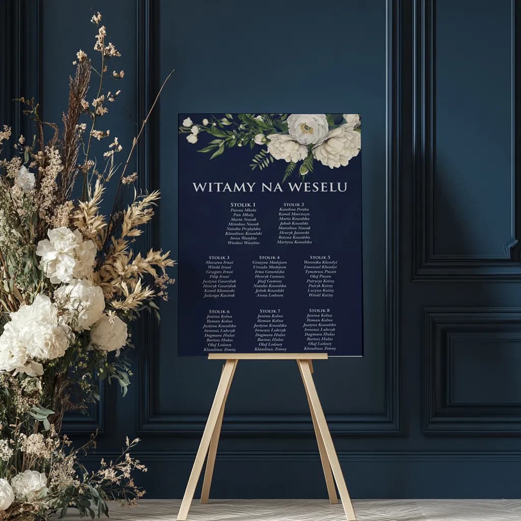 Plan de table bleu marine avec pivoines blanches Ruskus n° 3