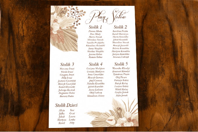 Plan de Table Botanique avec Herbe de la Pampa | Tableau de Répartition des Invités Mariage Boho | Indygo n° 6