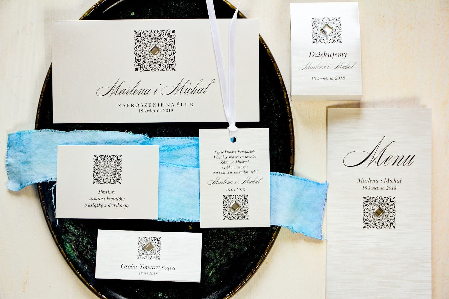 Musterset Hochzeitseinladungen mit Silberornament | Papeterie-Proben | Brenet Nr. 1