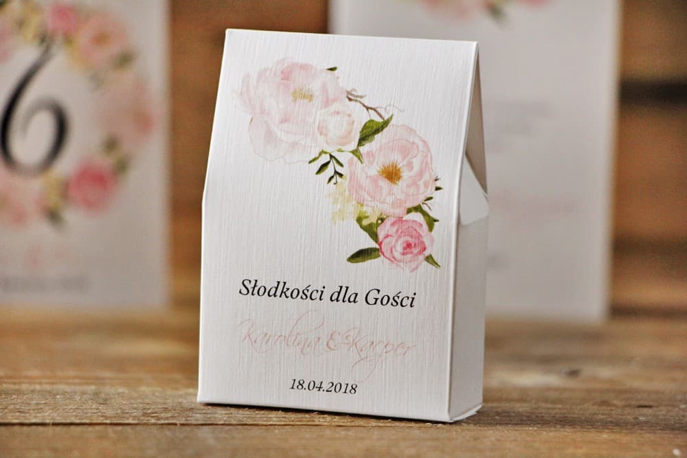 Eleganckie pudełeczko ze słodyczami, pudrowe piwonie akwarela | Podziękowania dla gości weselnych, upominki | Akwarele nr 8