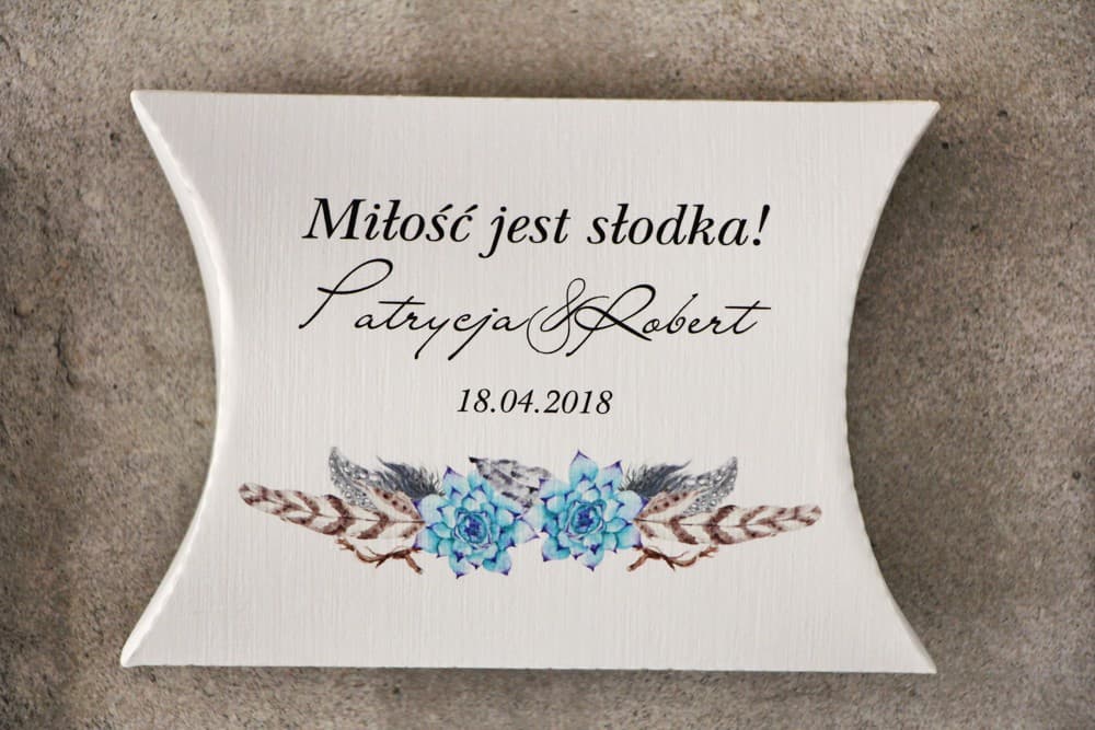 Pudełeczko Poduszeczka Boho z Piórkami i Sukulentami ze Słodyczami | Podziękowania dla Gości Weselnych | Pistacjowe nr 21