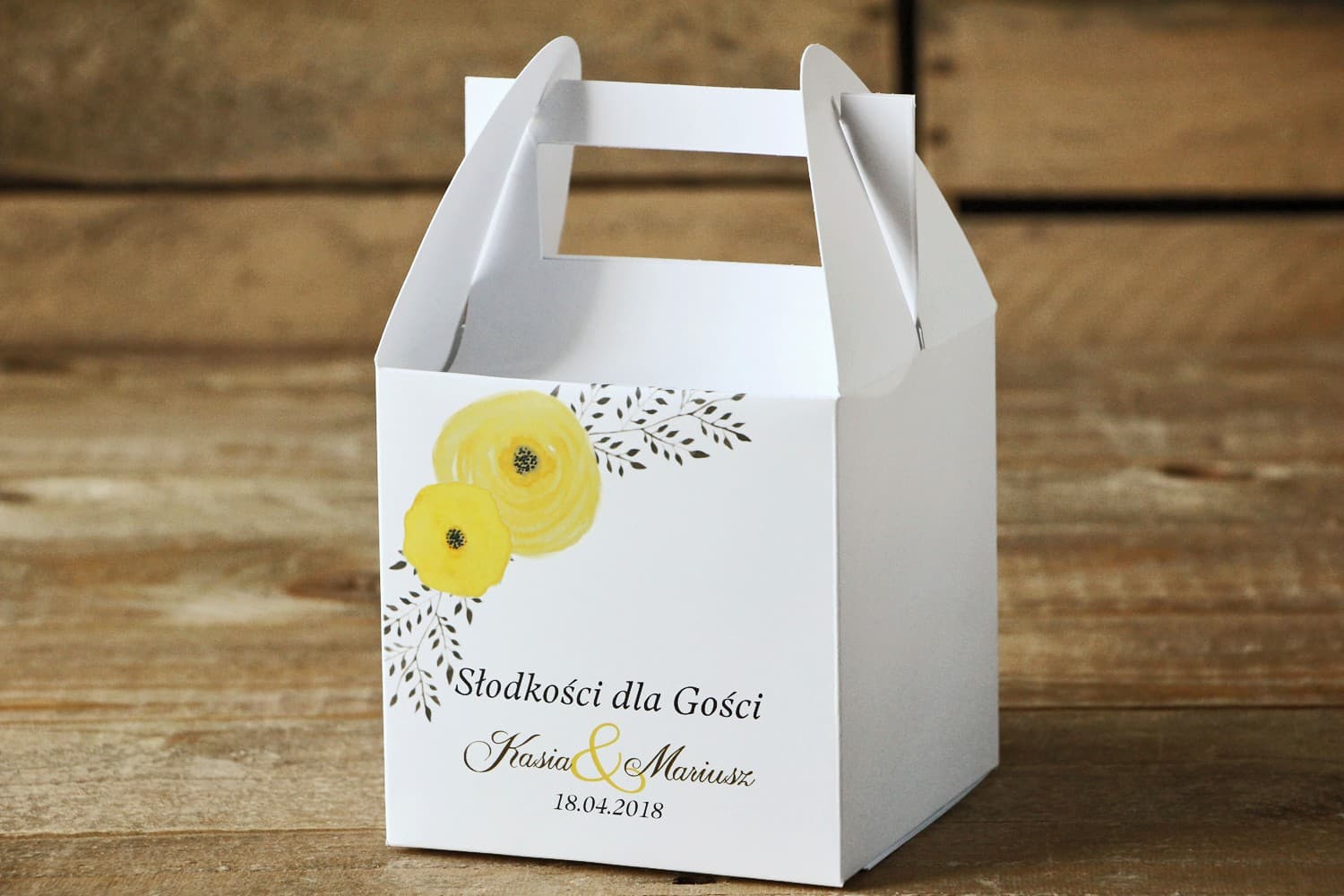 Pudełko na ciasto dla gości weselnych z rączką | Akwarelowe Żółte Kwiaty | Malowane Kwiaty nr 18