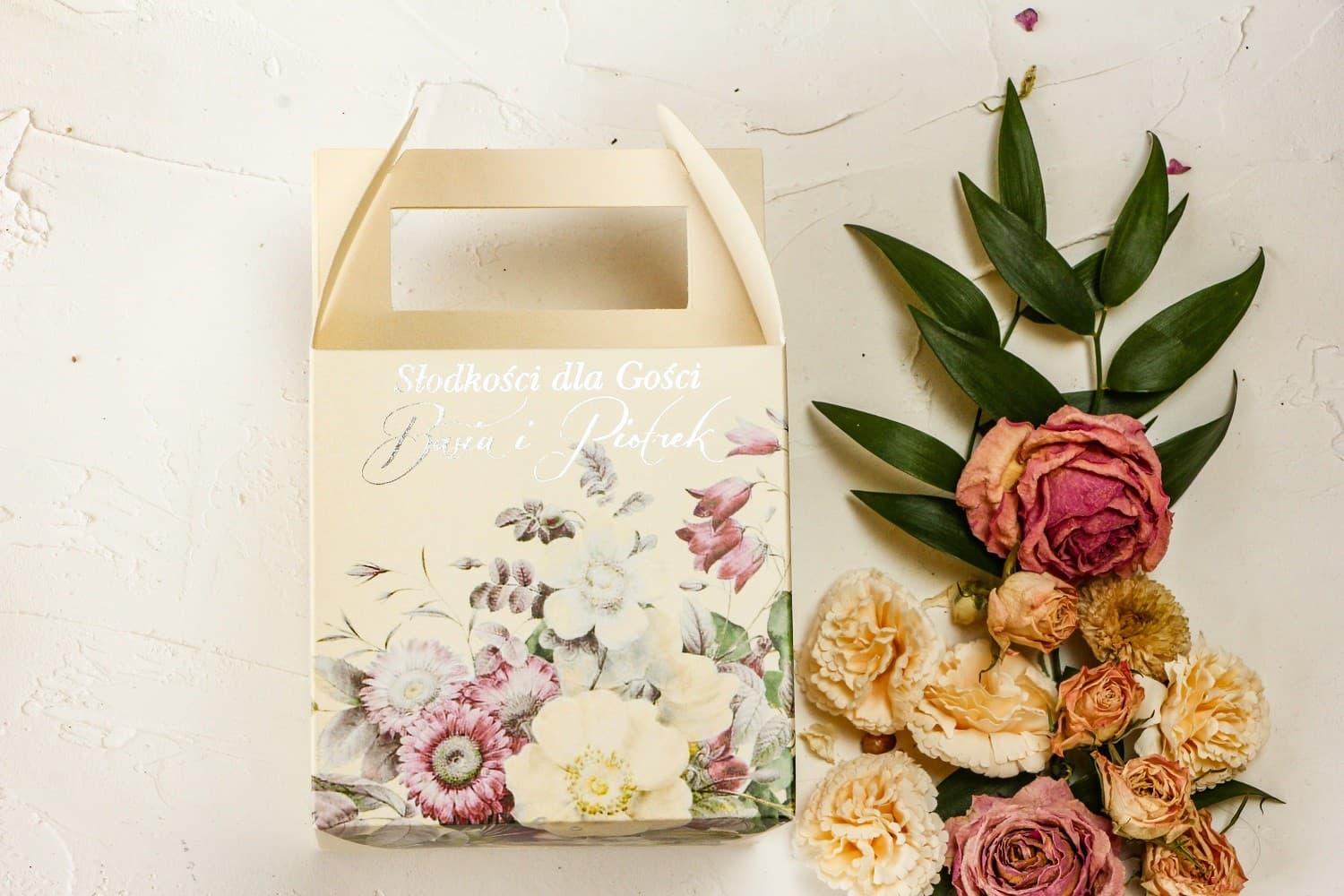 Kuchenbox mit Pastellblumen und Silberveredelung | Gastgeschenke Hochzeit | Kollektion Pastelowe Nr. 4