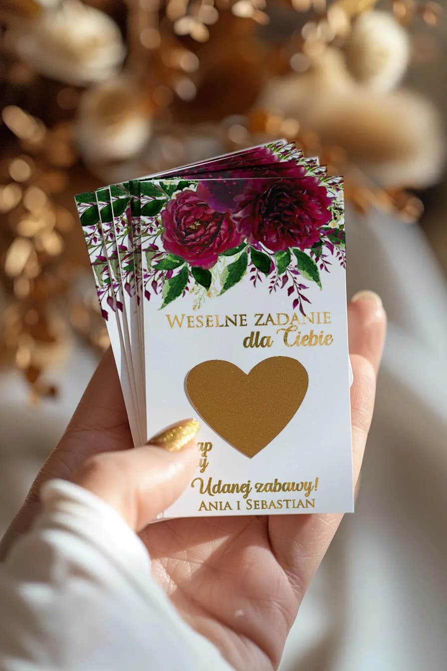 Rascaditas de Boda Rubin n.º 3 – Peonías Doradas y Detalles Interactivos para Invitados