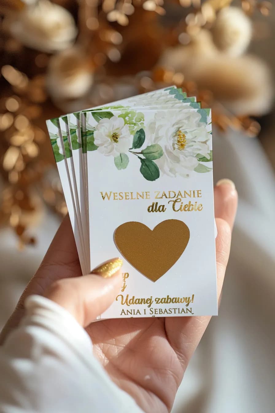 Rascaditas de Boda Rubin n.º 1 – Peonías Doradas y Agradecimientos para Invitados