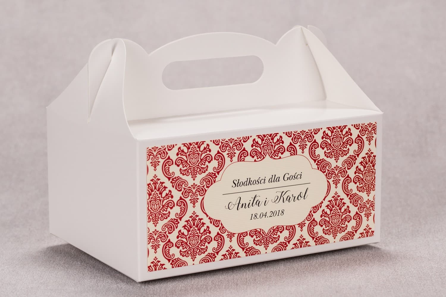 Rectangular Wedding Cake Boxes with Handle, Red Ornaments | Wedding Favours | Madras No. 5