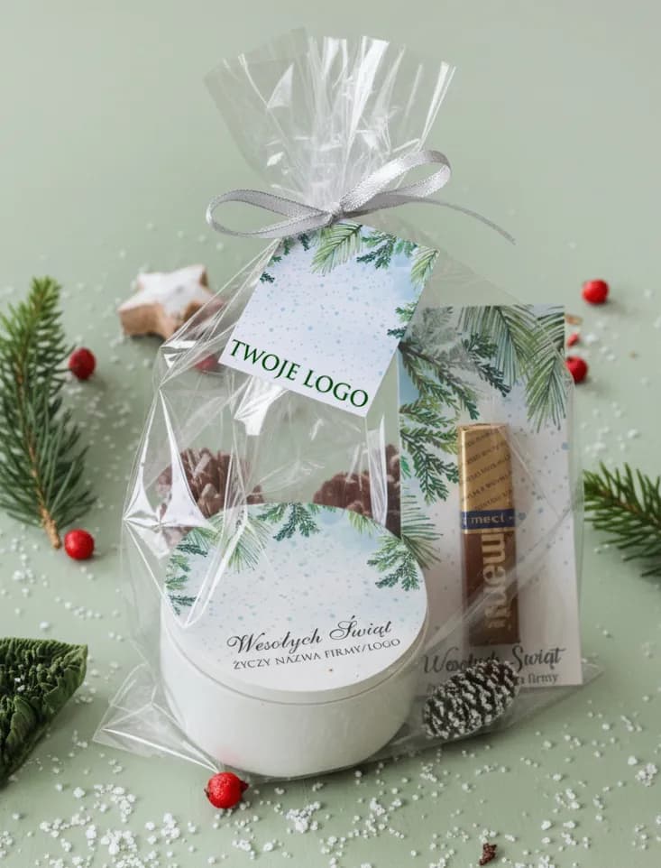 Kit regalo natalizio con candela di soia personalizzata, cioccolatino e bigliettino con spazio per il logo aziendale. Kit regalo natalizio con candela di soia personalizzata, cioccolatino e bigliettino con spazio per il logo aziendale.