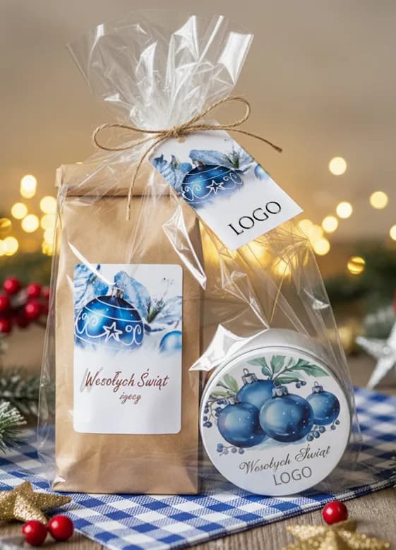 Kit regalo FL12 con grafica natalizia blu Kit aziendale natalizio con etichetta personalizzata con motivo di palline blu, contenente tè e candela.