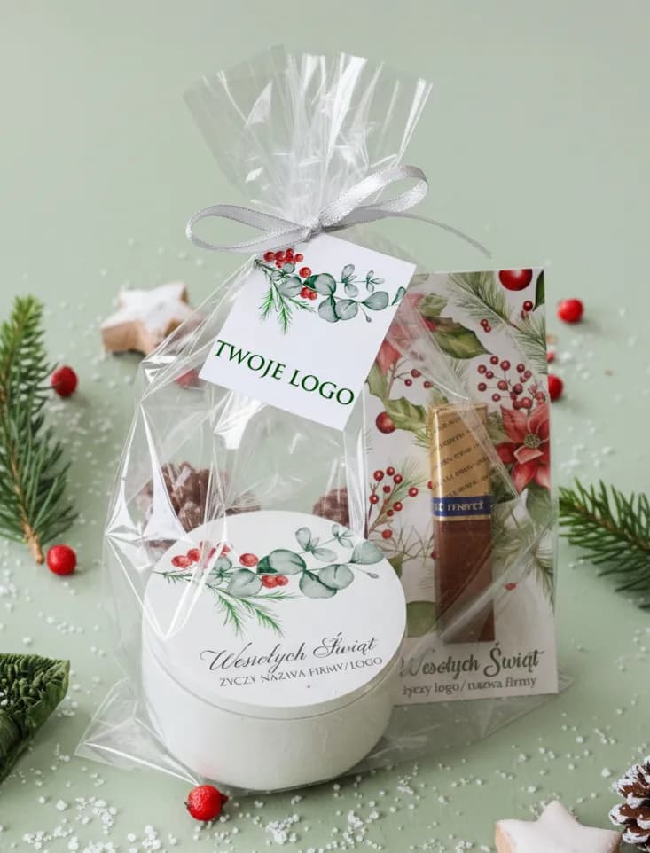 Regalo de empresa navideño con logo en la etiqueta y tapa de la vela, envuelto con chocolate en film transparente.