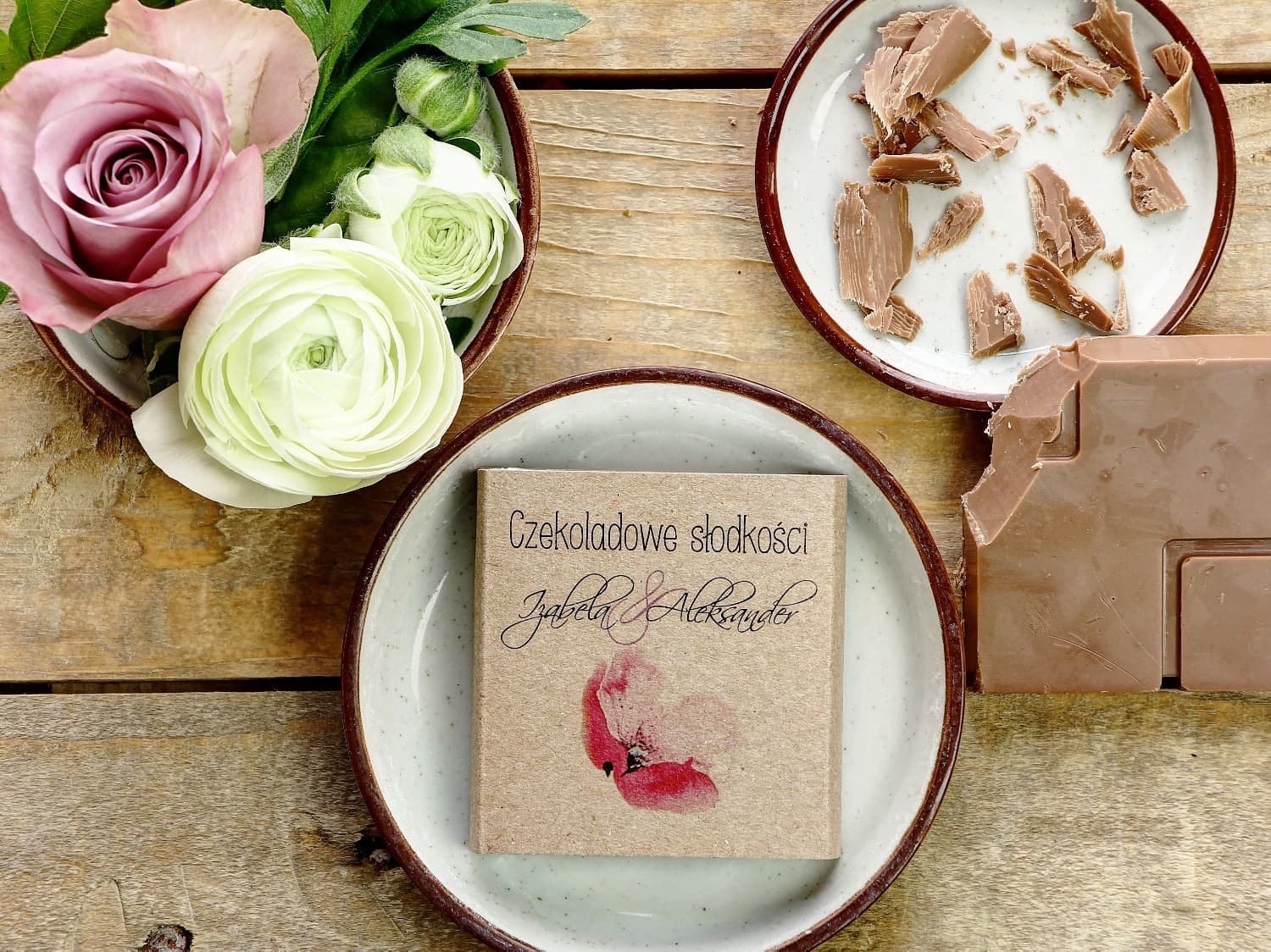 Chocolat de mariage Margaret n° 5 pavot rose Remerciement pour les invités de mariage sous forme de chocolat au lait, emballage avec graphisme de pavot rose