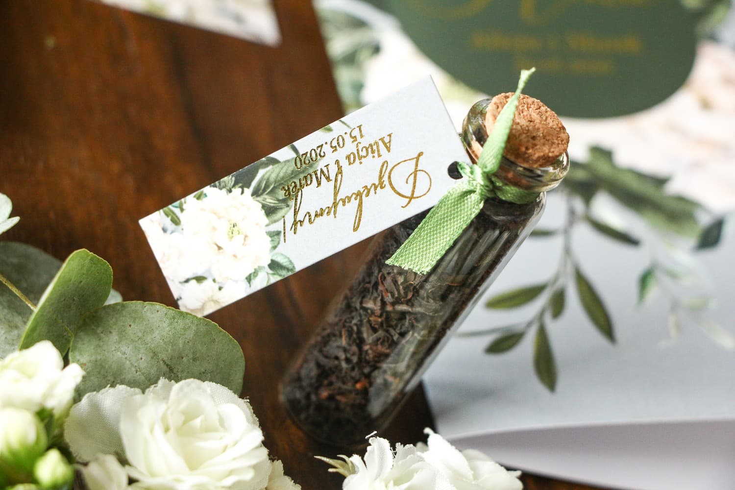 Eleganti Ringraziamenti, Tè in Fiala con Peonie | Regali Nuziali per Ospiti Glamour | Soreli nr 1