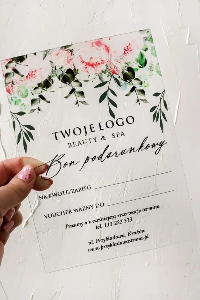 Elegant glass gift voucher featuring pink flowers and green leaves, model VS9.