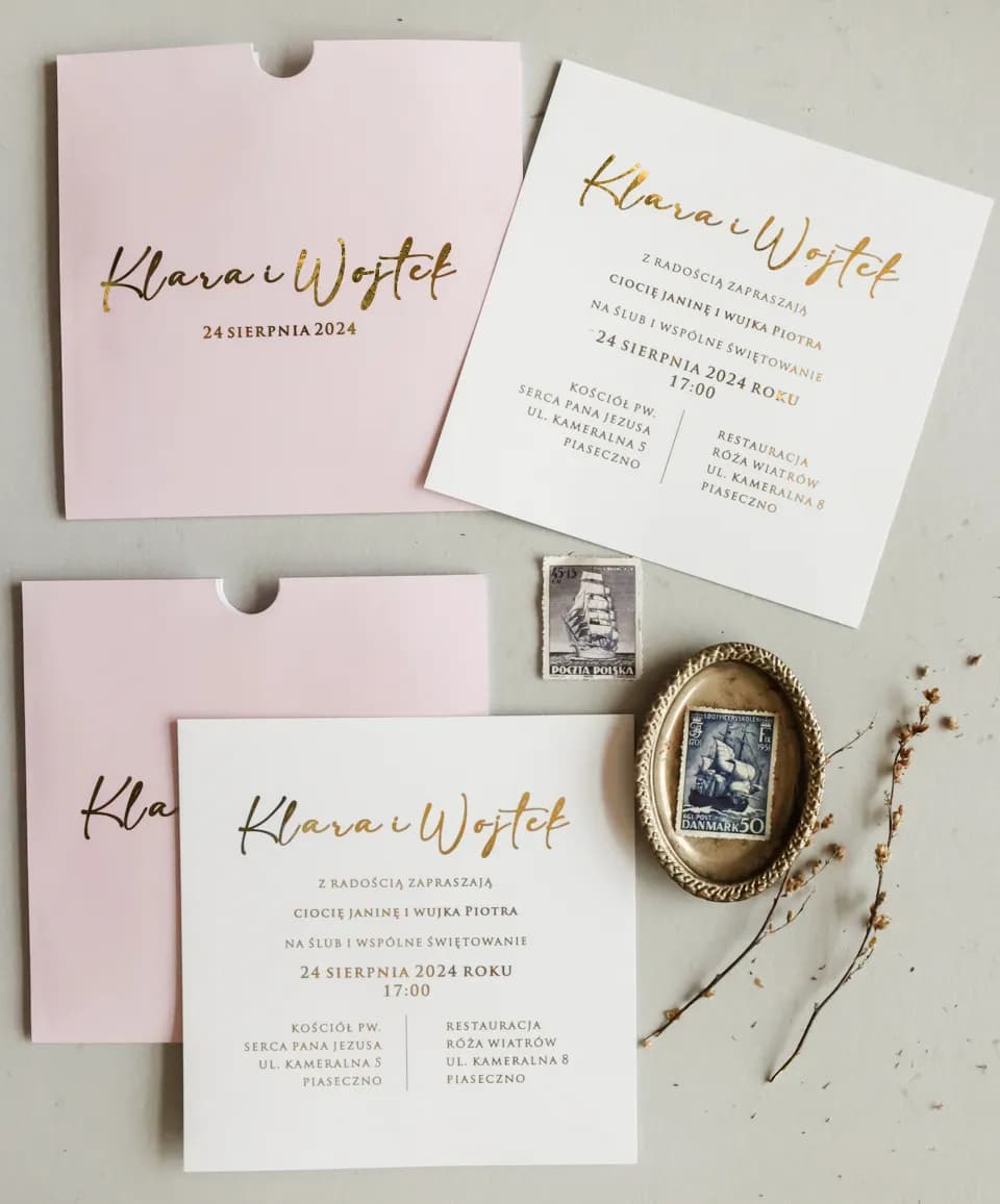 Mokait No. 5 Wedding Invitations – Pastel Pink Pocket & Gold Foil