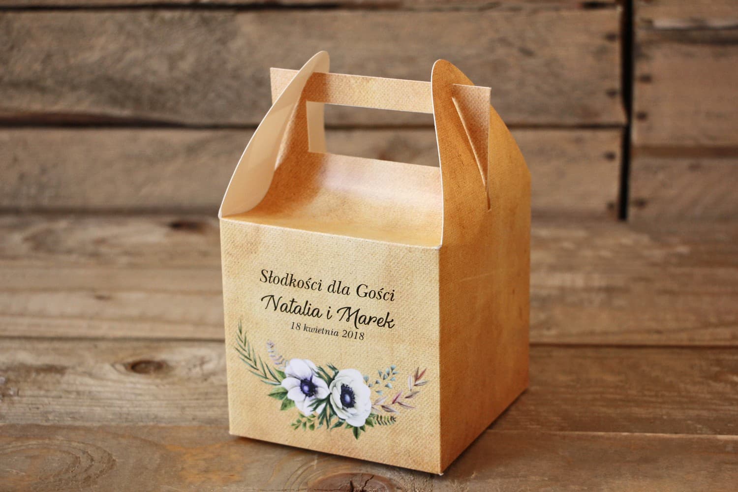 Personalised Wedding Cake Boxes with Anemones | Guest Favours with Handle | Caramel No. 7