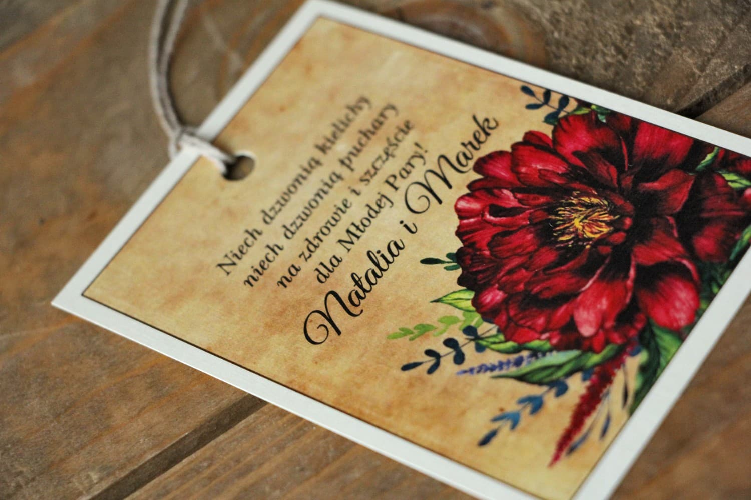 Rustic Wedding Bottle Tags with Burgundy Peony | Alcohol Tags | Caramel No. 6