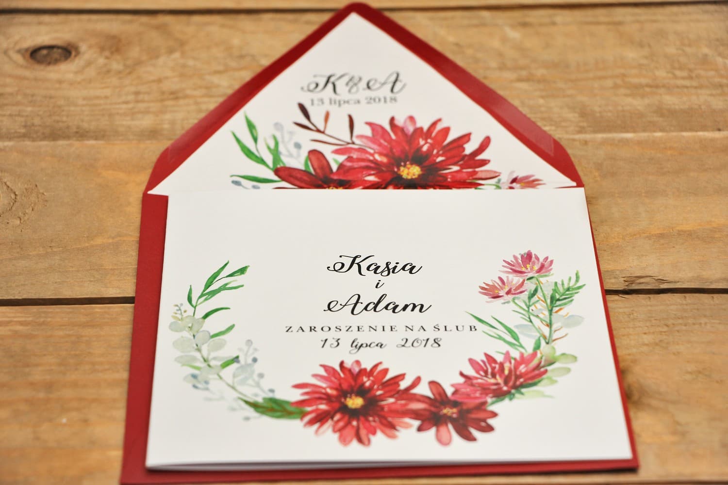 Rustic Wedding Invitations with Red Dahlias and Eucalyptus | Kalia No. 5