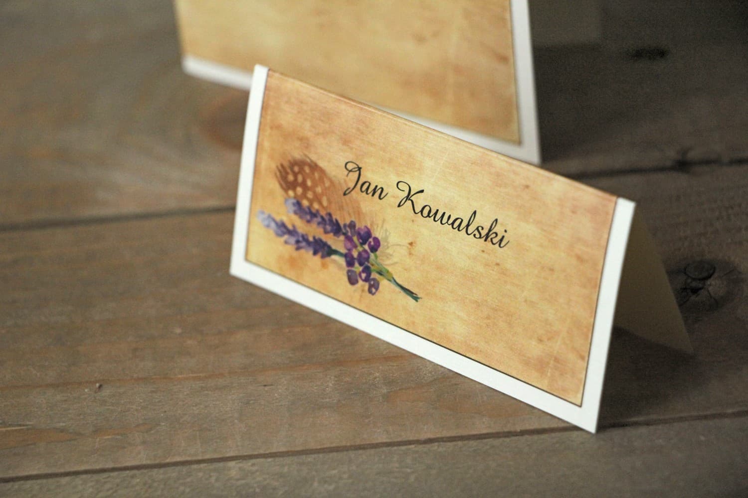 Caramel No. 3 Wedding Place Cards – Boho Feather Motif Table Stationery