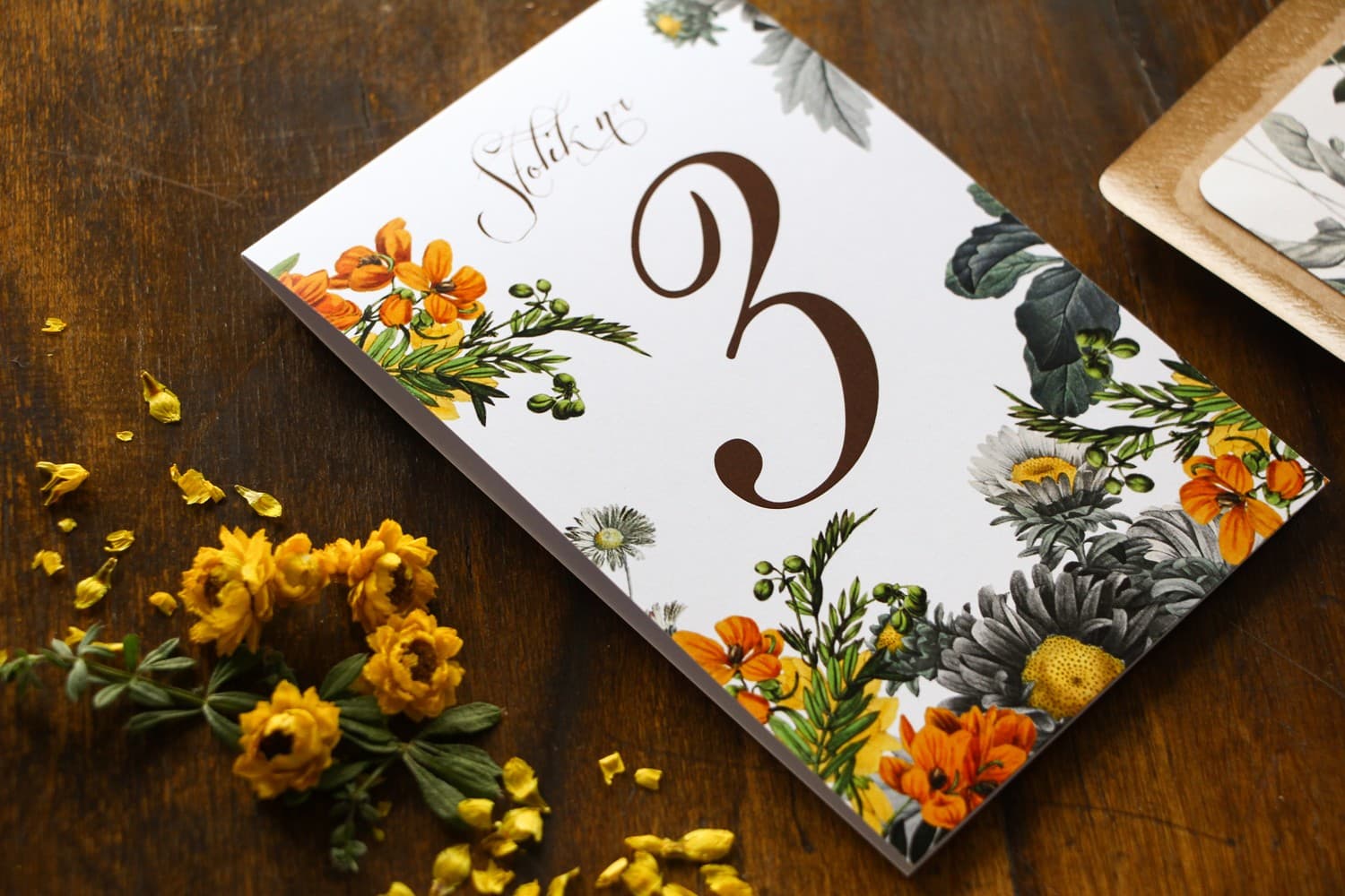 Rustic Wedding Table Numbers with Yellow Flowers | Standing Table Cards | Indygo No. 4