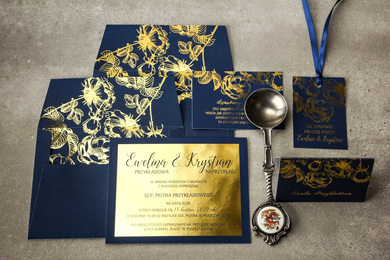 Gold Foiled Rose Wedding Invitation Samples | Elegant Navy Blue Glamour Invitations | Brilant No. 1