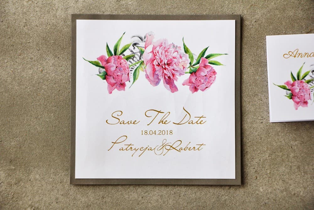 Elegant Gilded Save The Date with Peonies on Grey Cardstock | Cykade No. 10