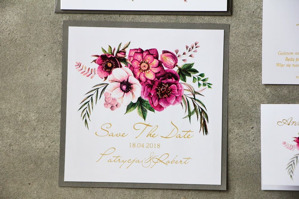 Elegant Gold Foil Save The Date with Purple Flowers | Wedding Announcement | Cykade No. 5