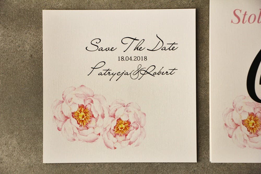 Eleganckie Save the Date z Różową Piwonią, Kwiatowe Zawiadomienia o Dacie Ślubu | Zapowiedź Ślubu | Pistacjowe nr 4